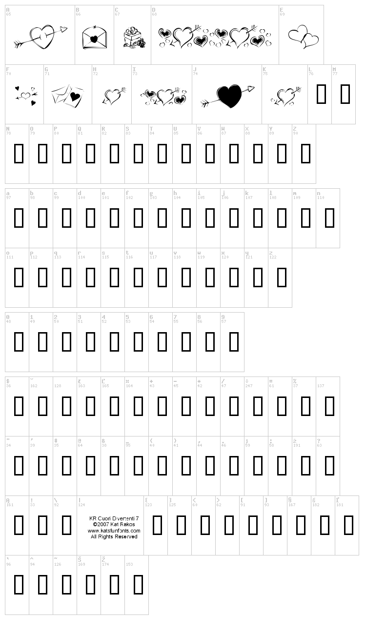 KR Cuori Divertenti 7 font map